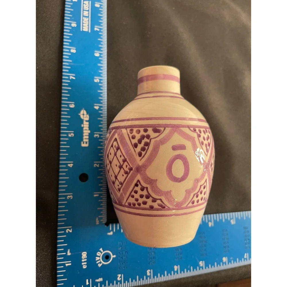 doTERRA Handmade Moroccan‎ Ceramic Bud Vase Purple Hand Painted Geometric 4.5in